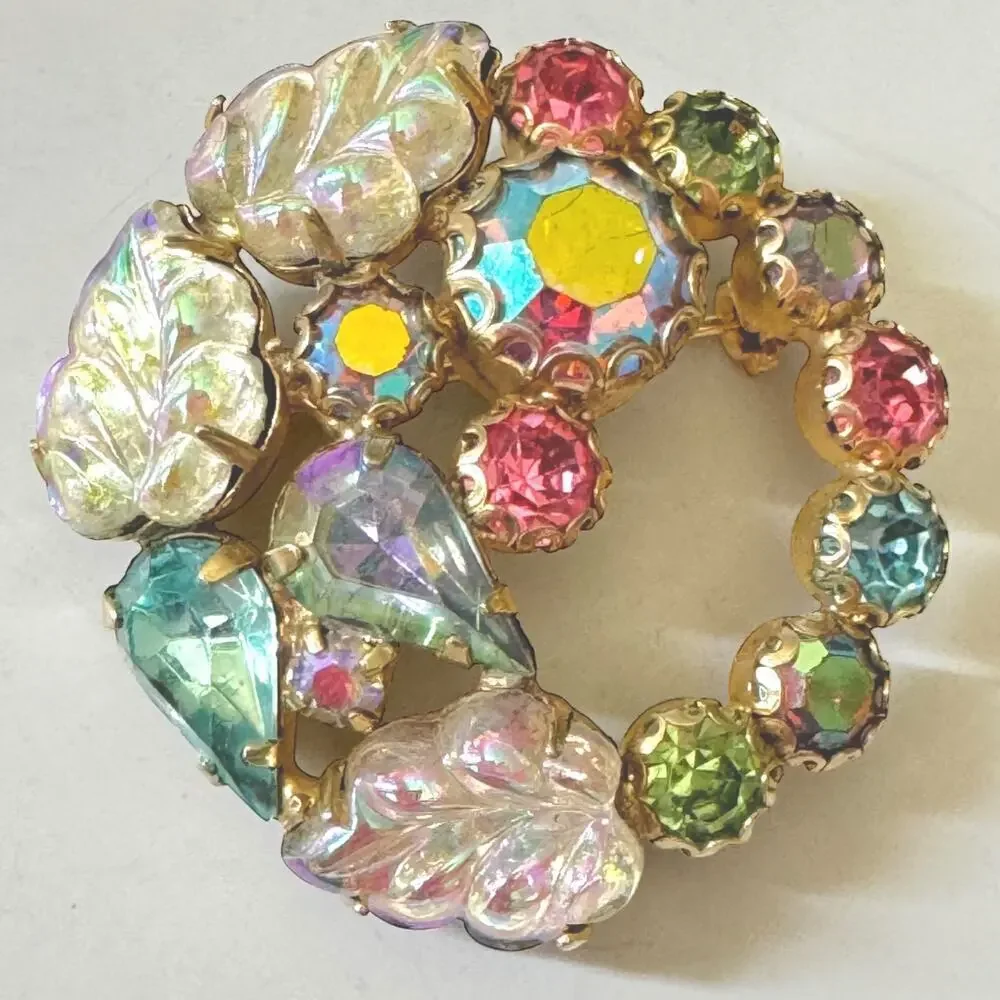 Rudolph Weiss Fruit Salad Glass Leaves AB Rhinestone Gold Wreath Pin Brooch